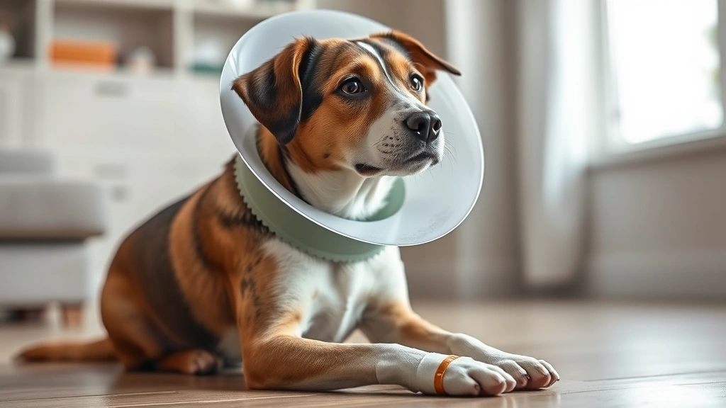 can you use liquid bandage on dogs -
Photorealistic image of a dog wearing a protective cone collar and a bandaged p