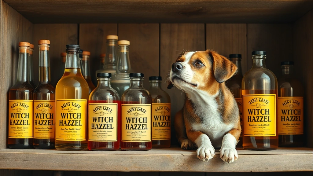can you use witch hazel on dogs -
Photorealistic image of various witch hazel bottles on a shelf with a dog sitti