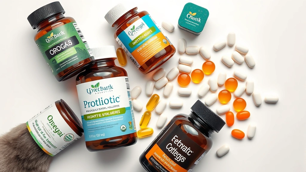 candida in dogs ear -
Photorealistic overhead shot of various dog health supplements including probio