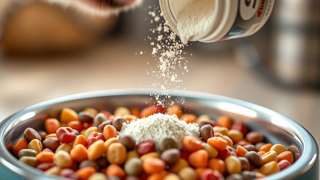 canine-specific probiotics -
Photorealistic close-up of dog food bowl with colorful kibble and a probiotic p