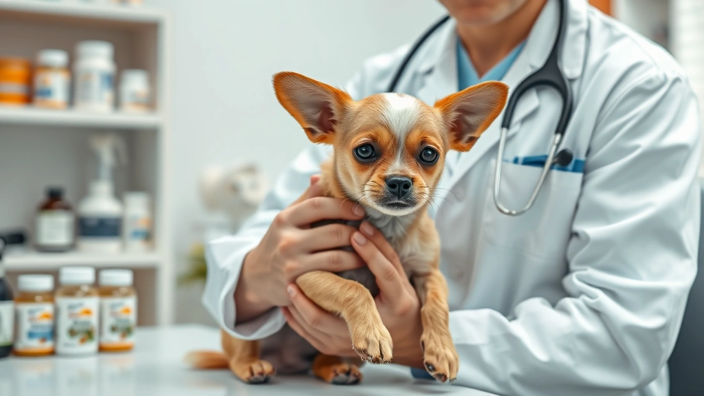 canine-specific probiotics -
Photorealistic image of a veterinarian in white coat holding a small dog during