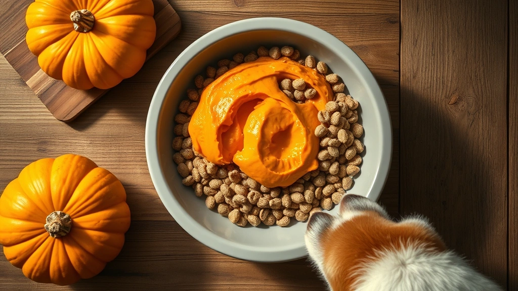 canned pumpkin for dogs -
Photorealistic overhead shot of a dog’s food bowl filled with kibble mixe