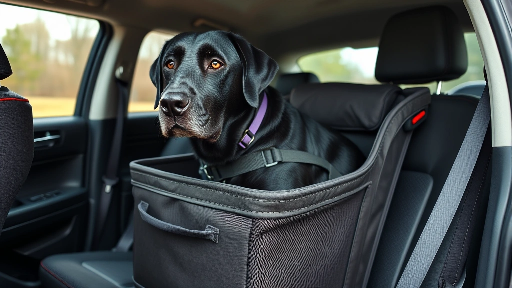 car seat for dogs -
Photorealistic style: Large black Labrador secured in a full-size car seat with