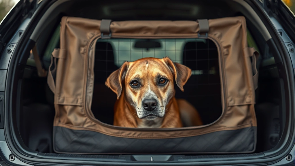 car seat for dogs -
Photorealistic style: Anxious brown dog inside a collapsible travel crate in a 