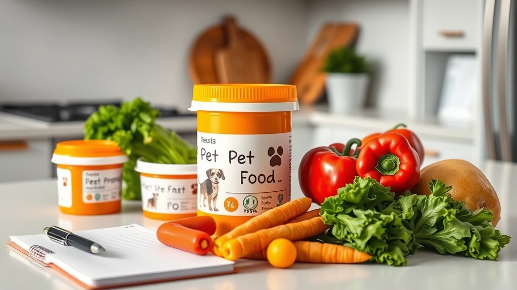 cardiac support feeding schedule -
Photorealistic image of prescription pet food containers and fresh vegetables o