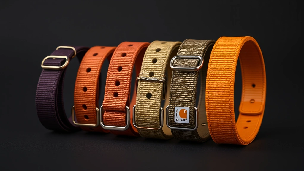 carhartt dog collar -
Photorealistic product photography of multiple Carhartt dog collar sizes arrang