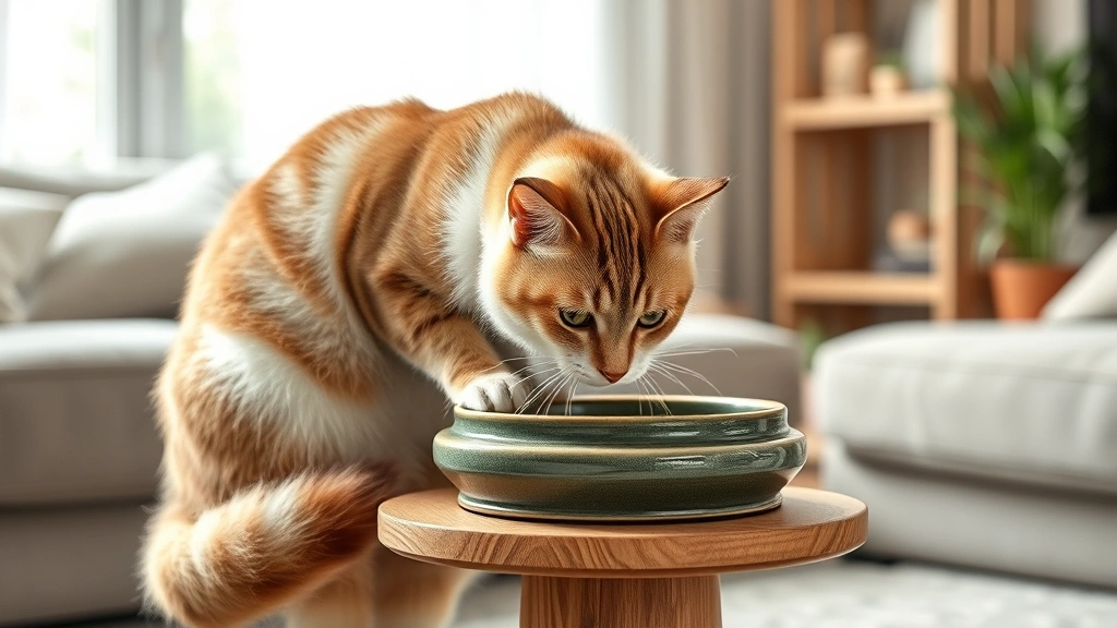 cat feeding stations -
Photorealistic senior cat eating from an elevated ceramic feeding station at co