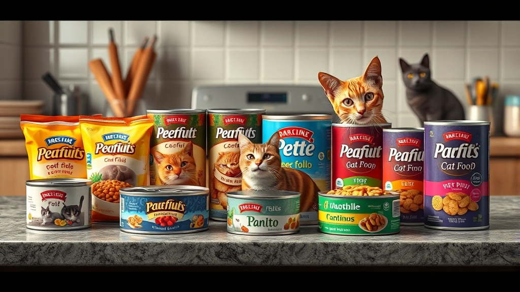 cat food portions -
Photorealistic image of various cat food types arranged on a kitchen counter &#
