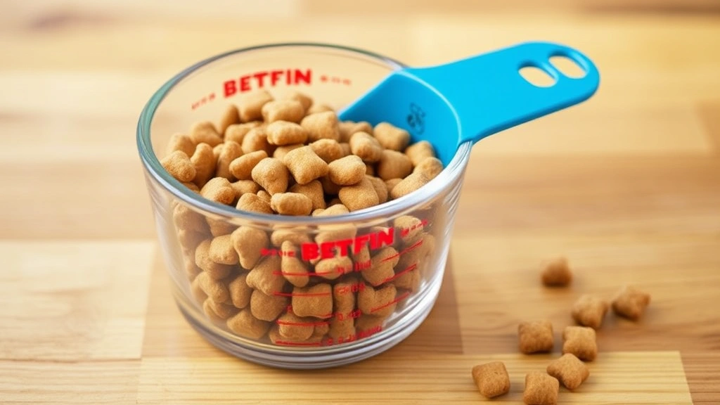 cat food portions -
dry kibble in a measuring cup