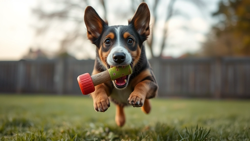 cavachon dog -
mid-jump with a toy in mouth