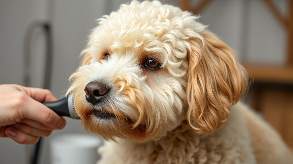 cavachon dog -
showing the dog’s soft curly coat being brushed