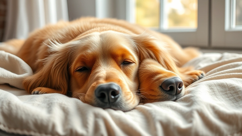 chamomile supplements for pets -
Photorealistic image of a calm golden retriever resting peacefully on a soft be