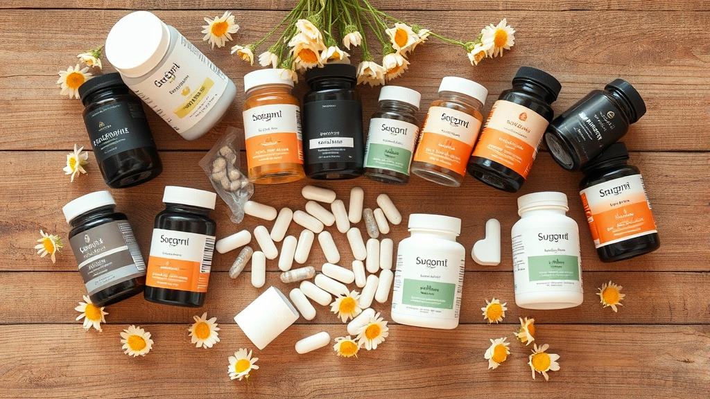 chamomile supplements for pets -
Photorealistic overhead view of various pet supplement bottles and capsules arr