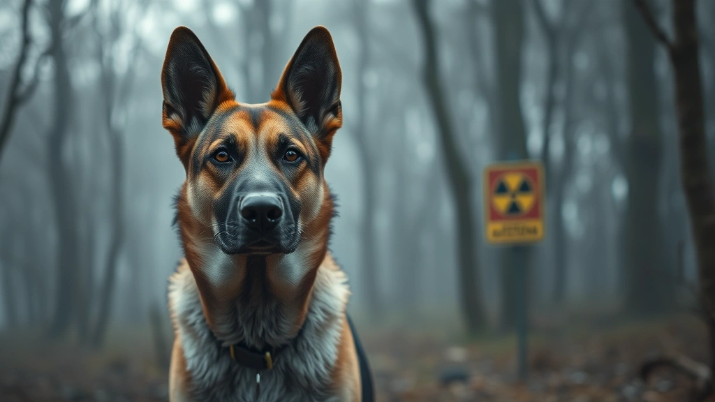 chernobyl dogs -
Close-up portrait of a single alert dog with intelligent eyes standing in a mis