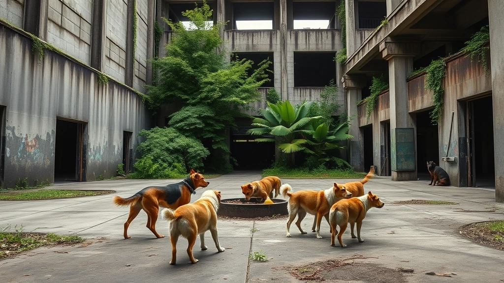 chernobyl dogs -
Group of dogs gathered around a food source in an abandoned industrial facility