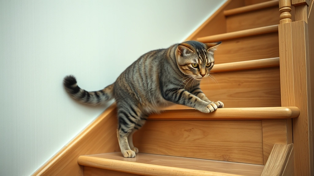 chewable joint supplements -
Photorealistic image of an elderly tabby cat stretching and climbing wooden sta