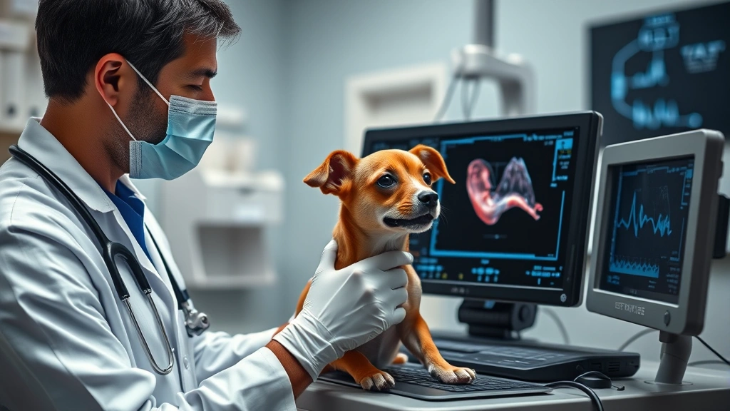 chf in dogs -
Veterinarian performing an echocardiogram ultrasound on a small dog, showing co