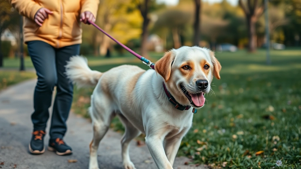 chf in dogs -
A healthy-looking older dog taking a gentle walk on a leash with owner in a par