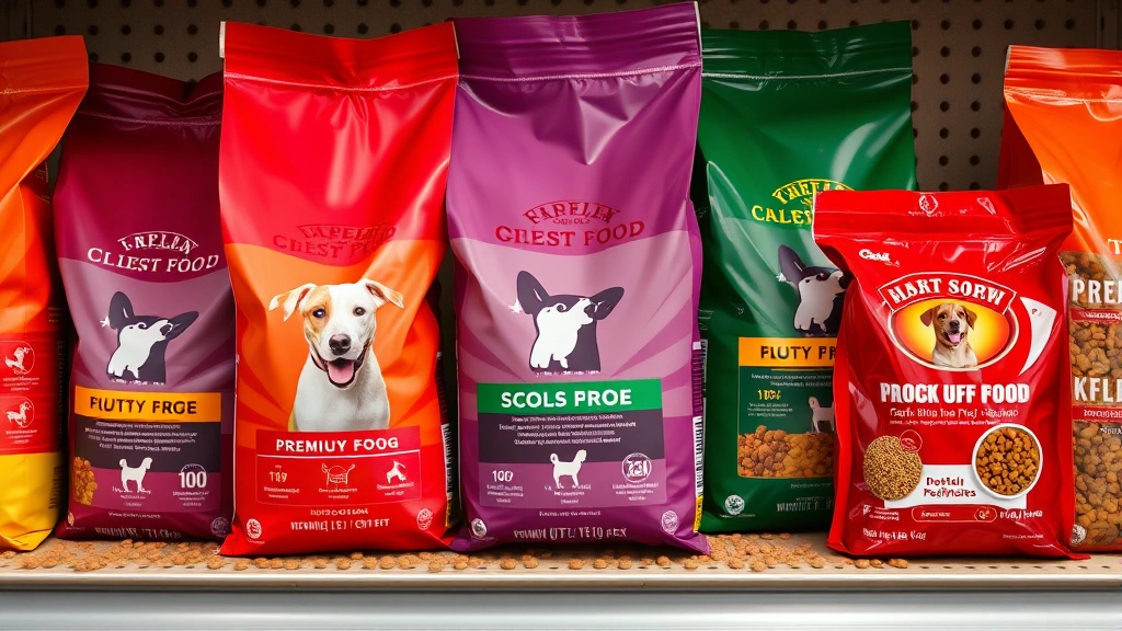 chicken free dog food -
Photorealistic style: Close-up of various premium dog food bags and kibble vari