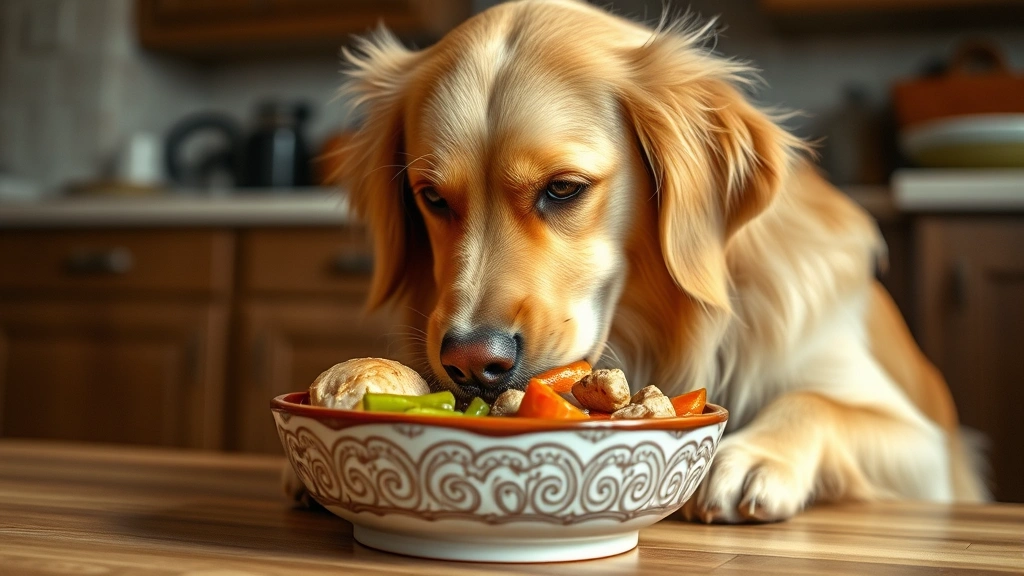 chicken wing chicken wing hot dog and baloney -
Photorealistic image of a happy golden retriever eating from a ceramic bowl wit