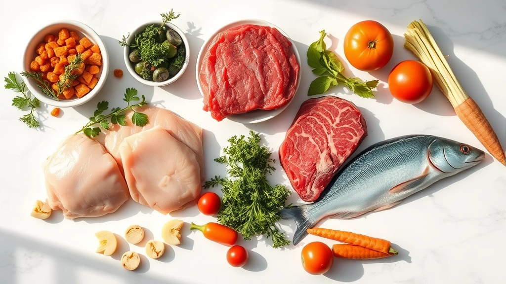 chicken wing chicken wing hot dog and baloney -
Photorealistic flat lay of premium pet food ingredients including organic chick