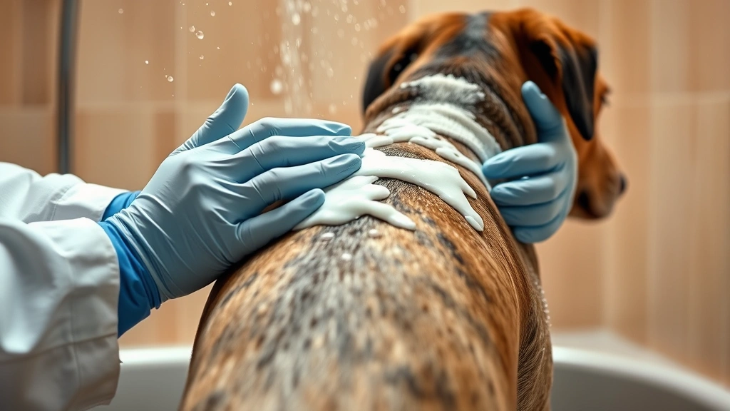 chlorhexidine for dogs -
Photorealistic image of a veterinarian’s hands applying medicated shampoo