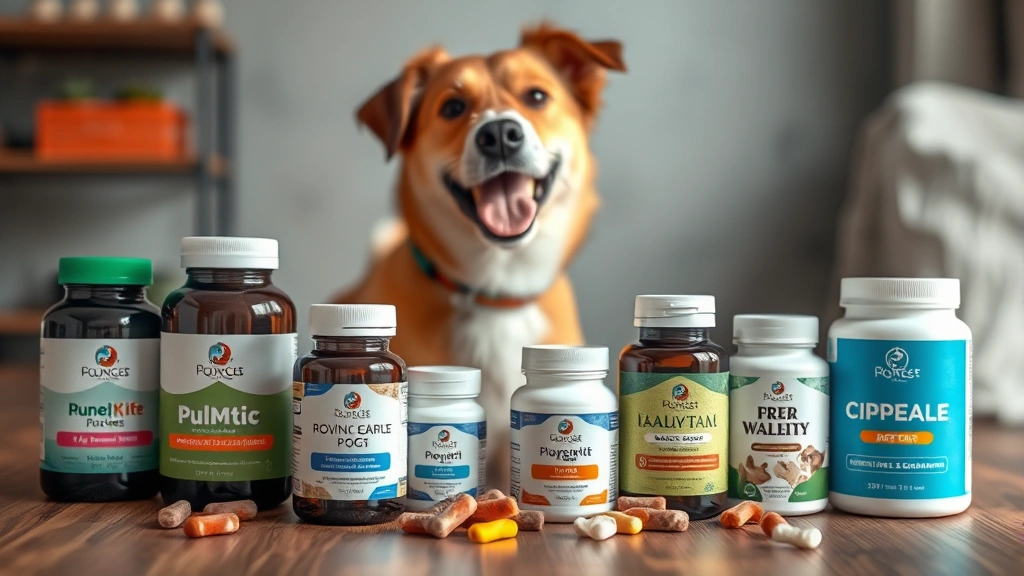 chondroitin for dogs -
Photorealistic image of various dog supplement bottles and chewables arranged o