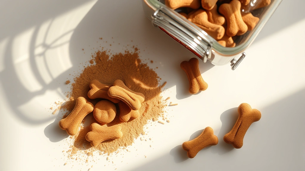 cinnamon and dogs -
Photorealistic overhead shot of a dog treat jar with cinnamon powder dusted on 
