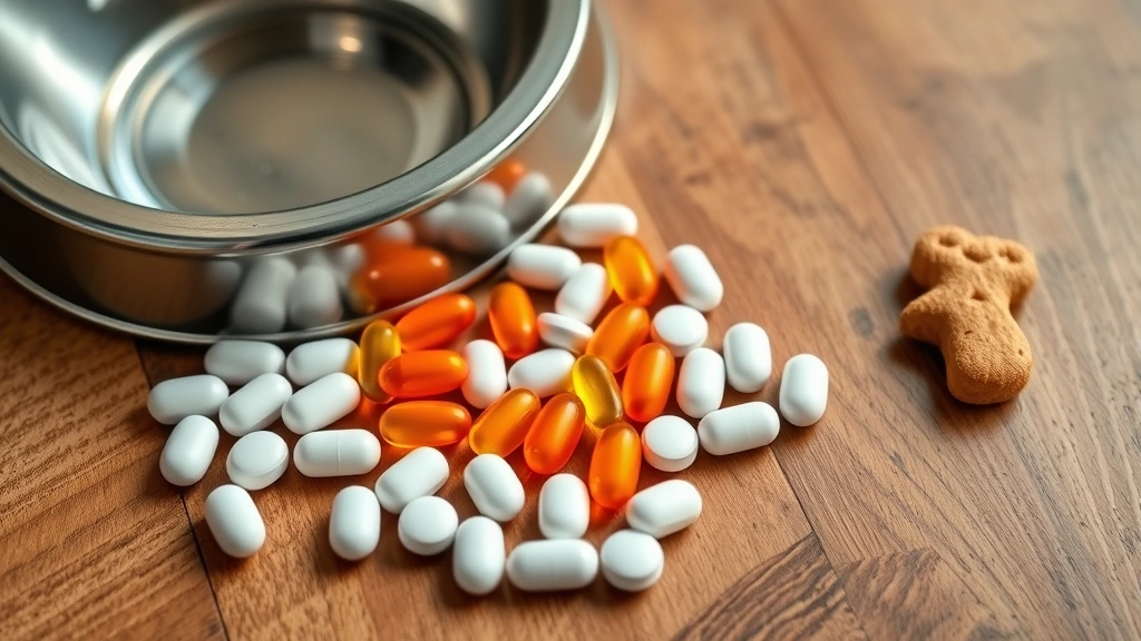 clindamycin for dogs -
Photorealistic image of dog medication tablets and capsules arranged on a woode