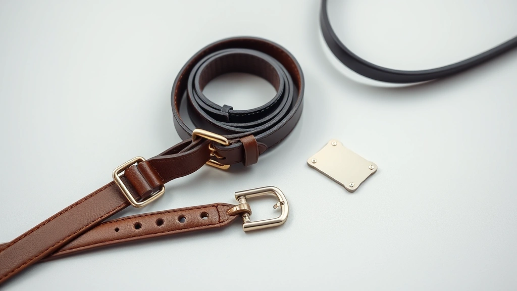 coach dog collar -
Flat lay arrangement of a luxury leather dog collar next to a matching leash an