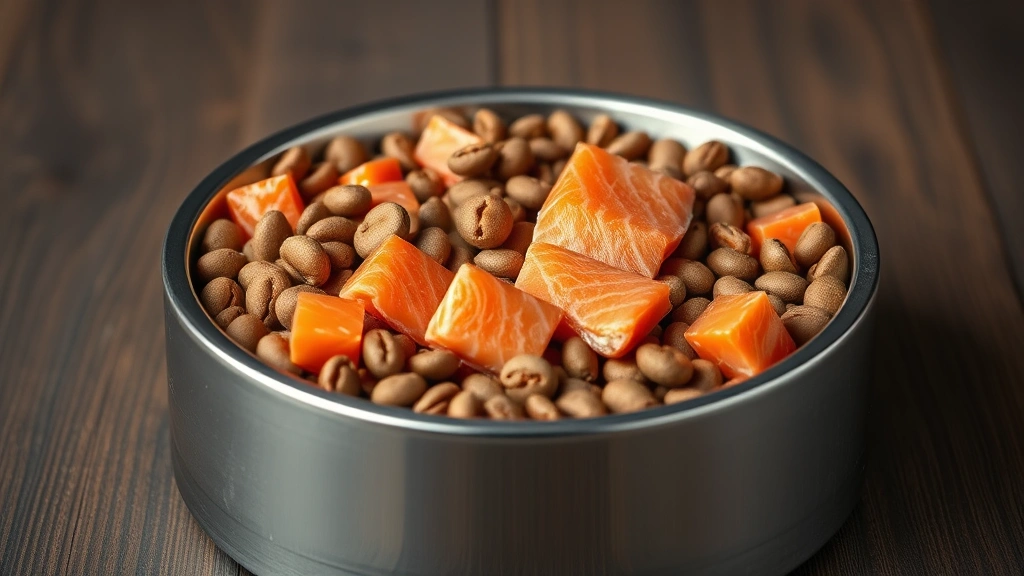 coat health feeding routine -
Photorealistic image of a dog food bowl filled with premium kibble and fresh sa