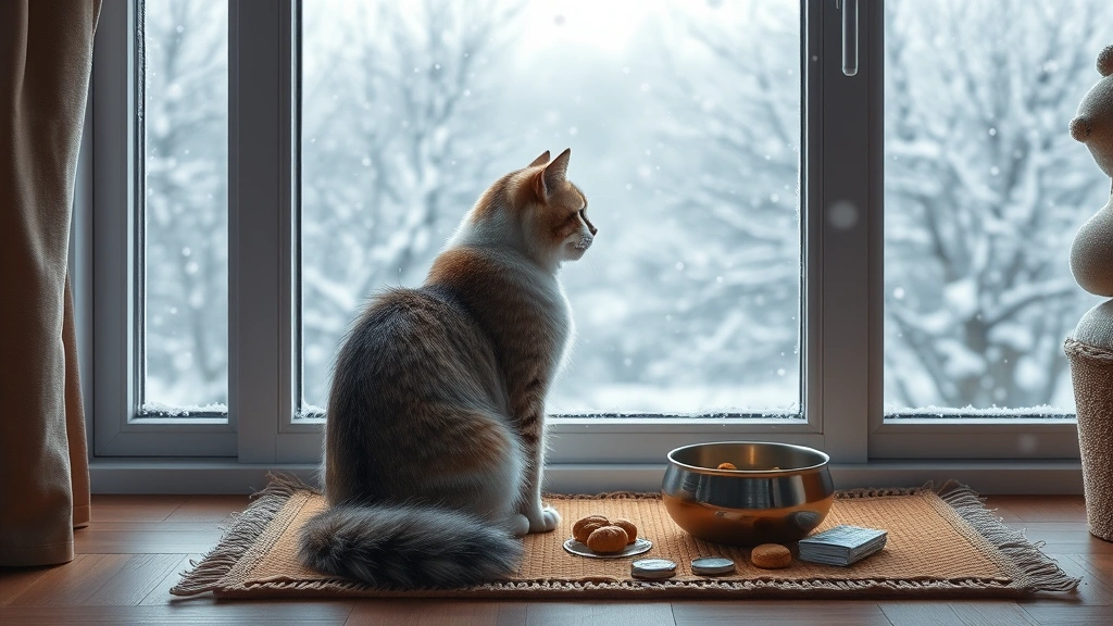 cold weather caloric needs -
Photorealistic image of a cat sitting by a window during snowfall, with a warm 