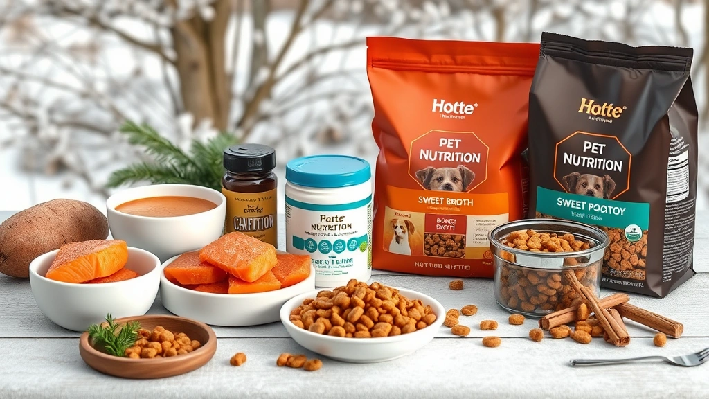 cold weather caloric needs -
Photorealistic image of various pet nutrition items including salmon, sweet pot