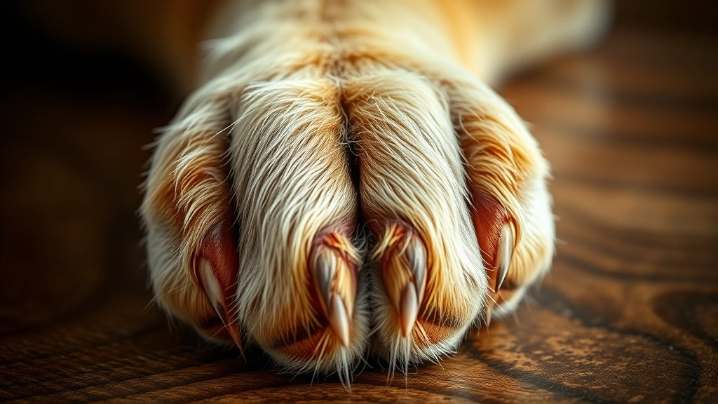 collagen for dogs -
Photorealistic close-up of a dog’s paw pad and nails on a wooden surface
