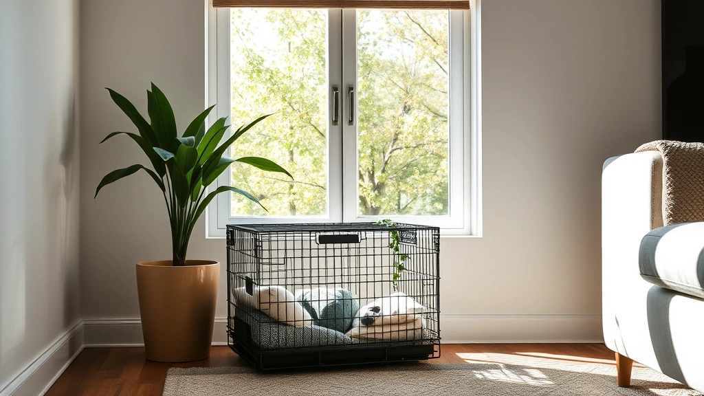 collapsible dog crate -
crate positioned in a modern living room corner next to a window with natural l