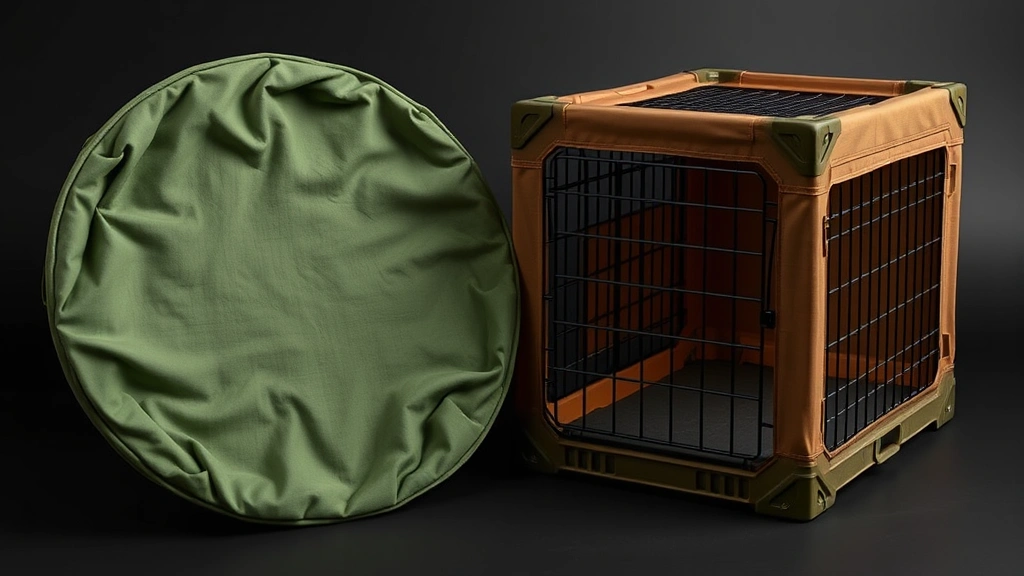 collapsible dog crate -
Photorealistic image of a collapsed fabric dog crate folded into a compact disc
