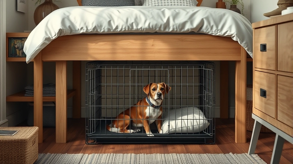 collapsible dog crate -
Photorealistic image of a dog crate stored under a bed in a small bedroom
