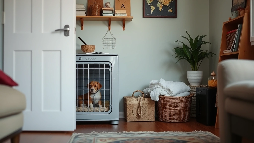 collapsible dog crate -
with the crate partially visible and the room appearing cozy and organized
