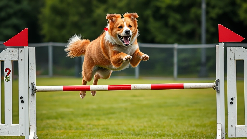 competitive dog feeding schedule -
Photorealistic style: Competitive agility dog mid-jump over obstacle

