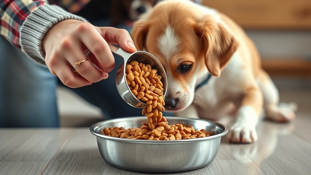 competitive dog feeding schedule -
Photorealistic style: Dog owner measuring kibble portions into stainless steel 
