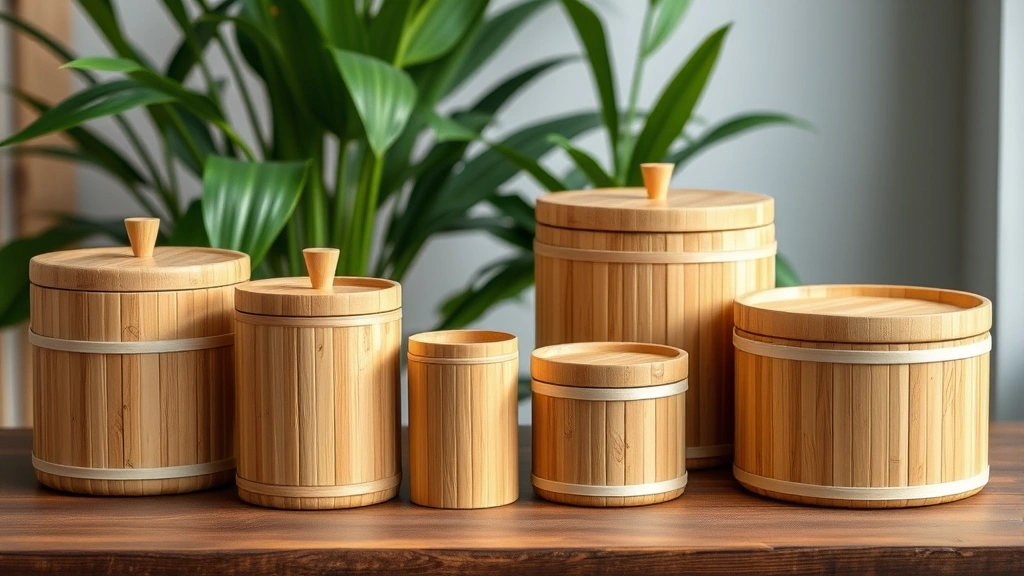 compostable pet products -
and bamboo storage containers arranged on a wooden surface with green plants in