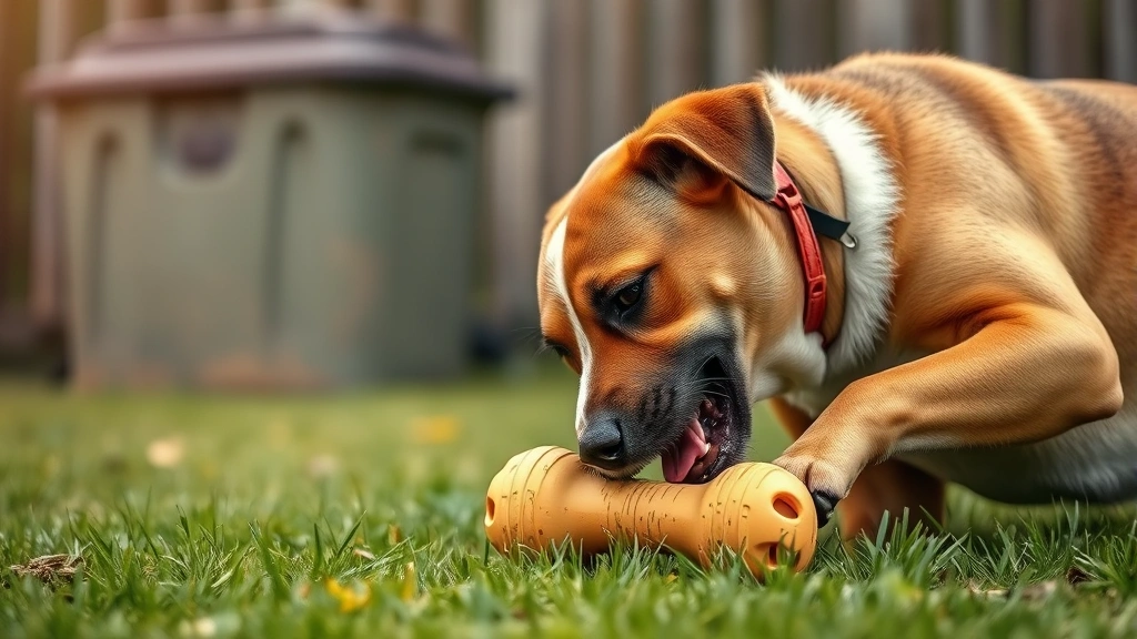 compostable pet products -
Photorealistic close-up of a dog playing with a natural rubber toy in a grassy