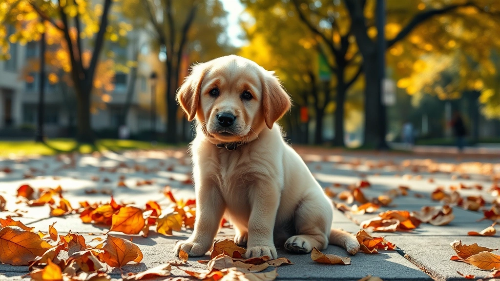 cool dog names -
Photorealistic image of a small Golden Retriever puppy sitting in an urban park
