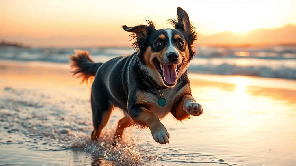 cool dog names -
Photorealistic image of a mixed breed dog running freely on a beach at sunset, 
