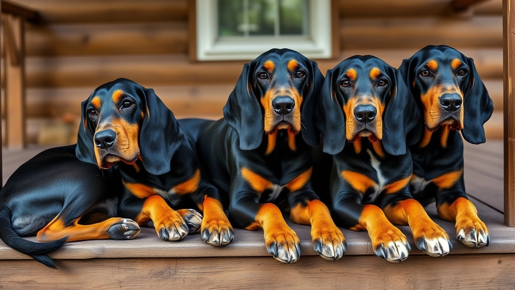 coonhound dog -
Photorealistic photo of a Black and Tan Coonhound pack resting together on a wo
