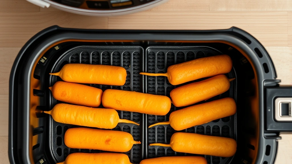 corn dogs in air fryer -
Overhead flat lay of air fryer basket filled with golden-brown corn dogs arrang