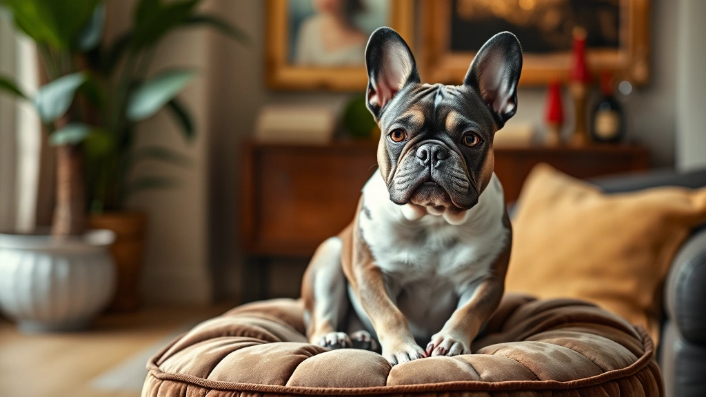 costliest breed of dog -
French Bulldog sitting on a luxury velvet cushion indoors
