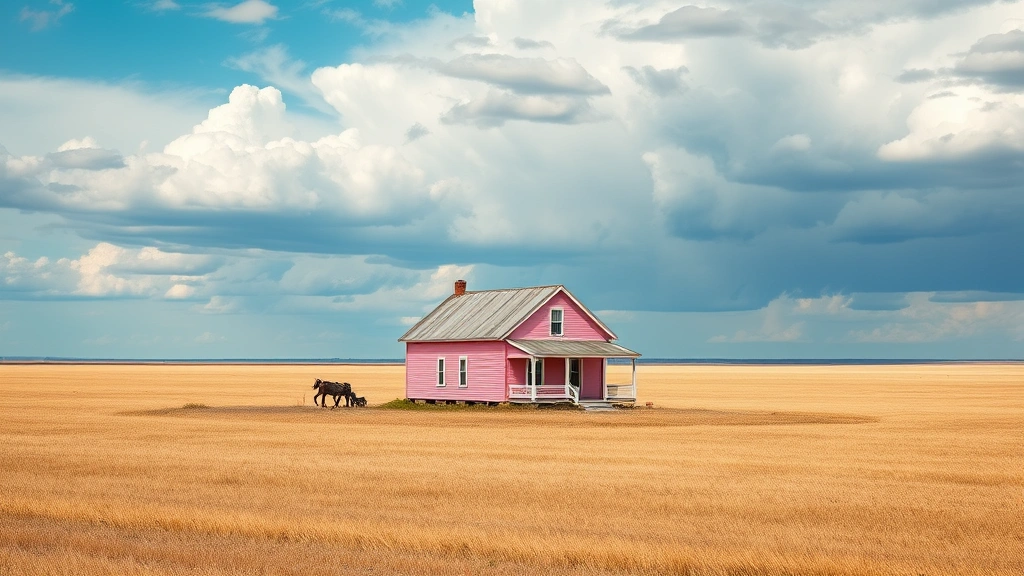 courage the cowardly dog house -
Photorealistic style: Wide landscape shot of an isolated pink farmhouse standin