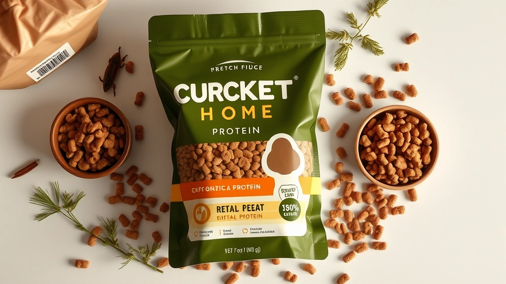 cricket protein pet food -
Photorealistic overhead shot of cricket protein pet food packaging and ingredie