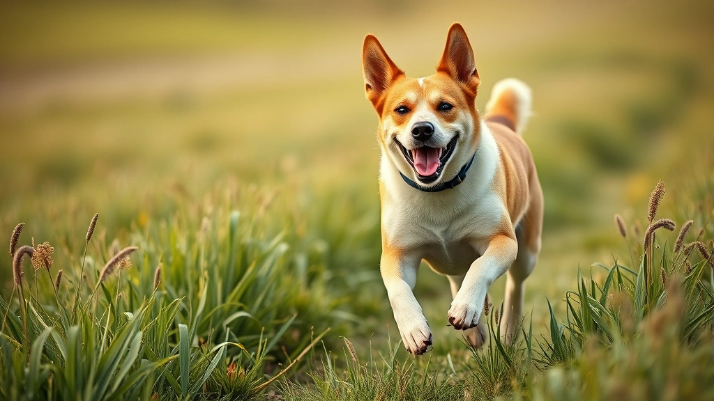 cricket protein pet food -
Photorealistic image of a healthy, energetic dog running through a field with a